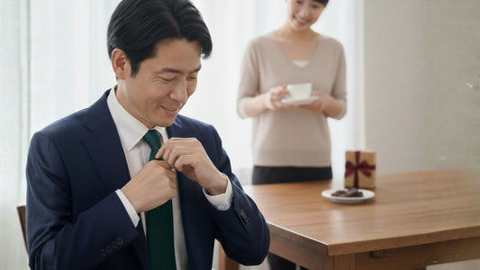 バレンタインに貰ったクレリックタイを締める男性