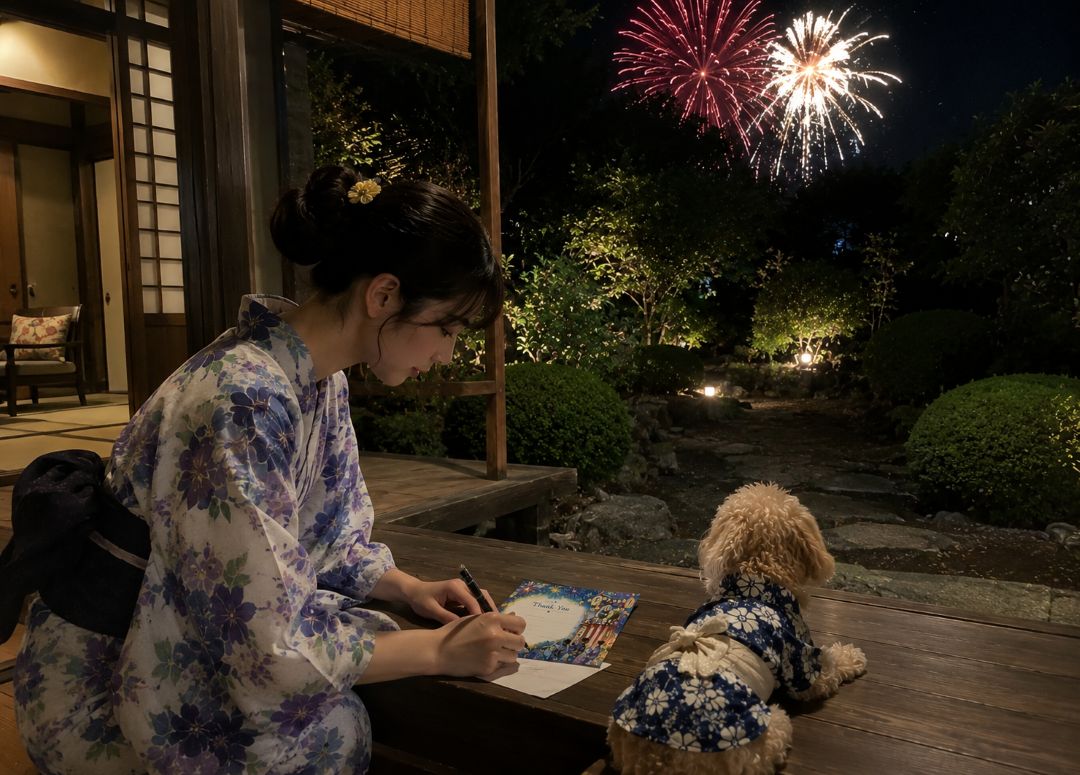 8月の誕生日ギフトに添える無料メッセージカードを書く浴衣姿の女性と、犬用浴衣を着たルクが花火を眺める夏の縁側の風景