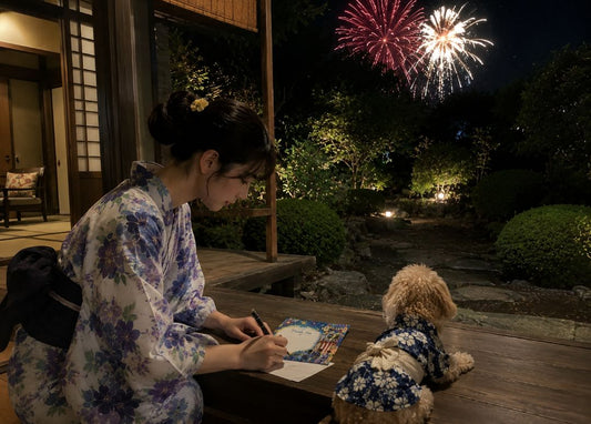 8月の誕生日ギフトに添える無料メッセージカードを書く浴衣姿の女性と、犬用浴衣を着たルクが花火を眺める夏の縁側の風景