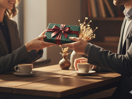 男性にプレゼントを渡す男性