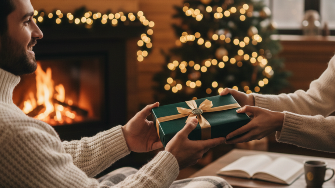 クリスマスに女性からプレゼントを渡され微笑む男性