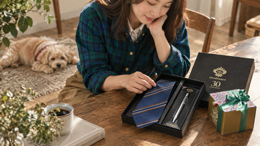 オロビアンコ30周年記念ネクタイとボールペンBOXセットを選ぶ日本人30代女性と、そばで伏せるルクの秋冬メンズギフトイメージ