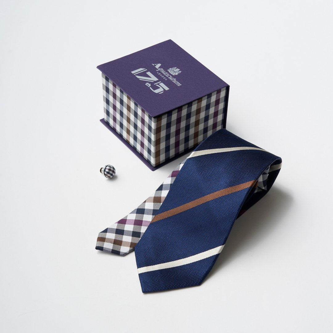 【ネクタイ】Aquascutum ｜175周年企画 ラペルピン BOXセット パープルカラーコレクション ストライプ