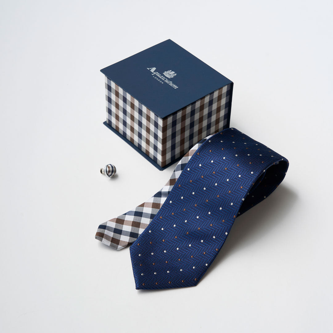 【ネクタイ】Aquascutum ｜175周年企画 ラペルピン BOXセット クラブチェッククレリックタイ ドット