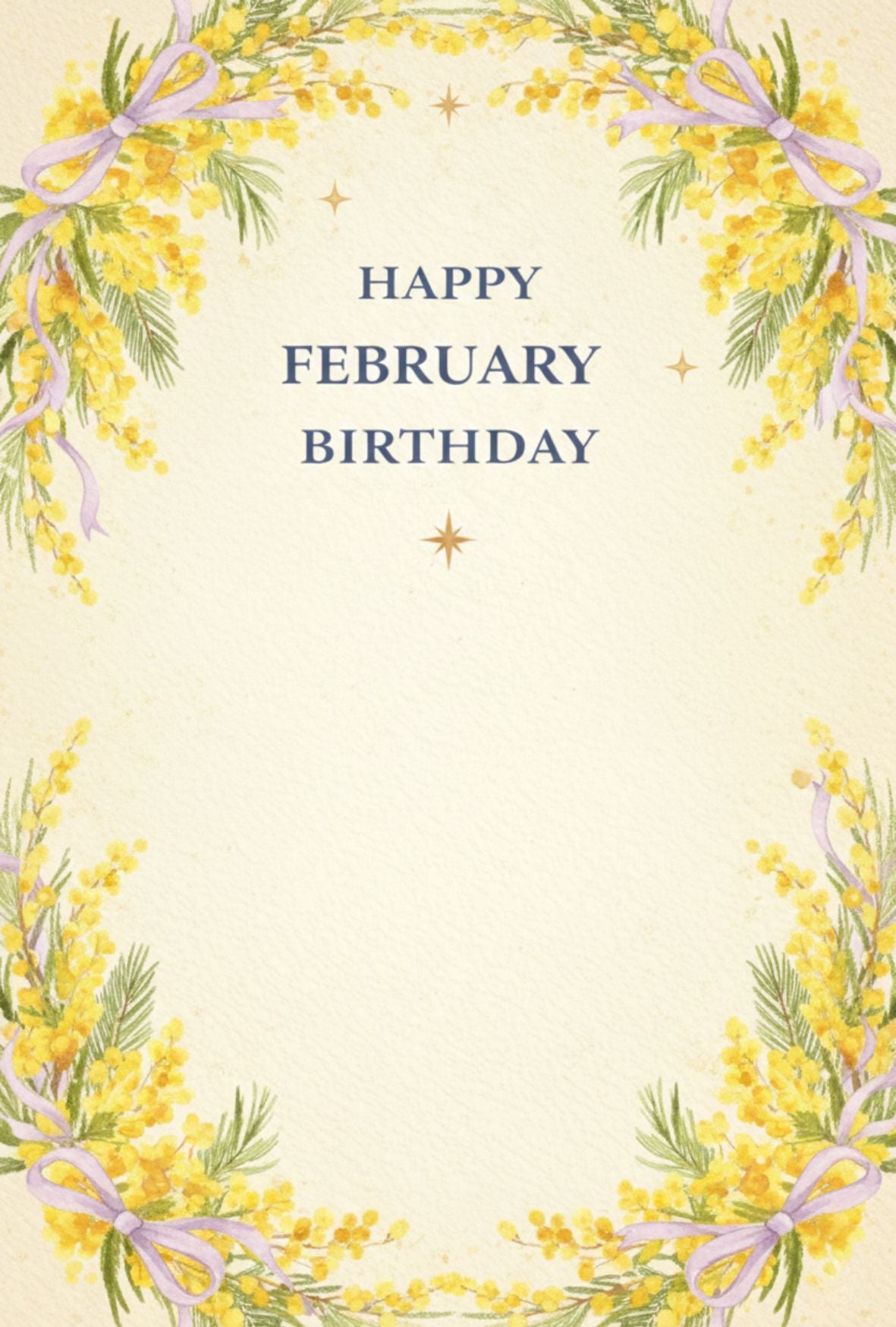 【メッセージカード】 2月の花、ミモザと光の粒 ｜ 誕生日 お祝い 2月 バースデーカード 無料印字サービス