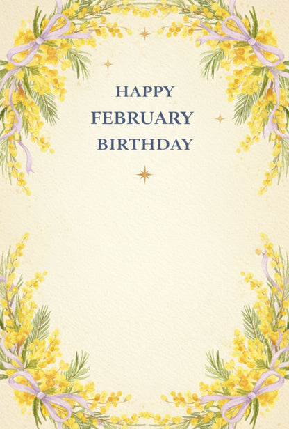 【メッセージカード】 2月の花、ミモザと光の粒 ｜ 誕生日 お祝い 2月 バースデーカード 無料印字サービス