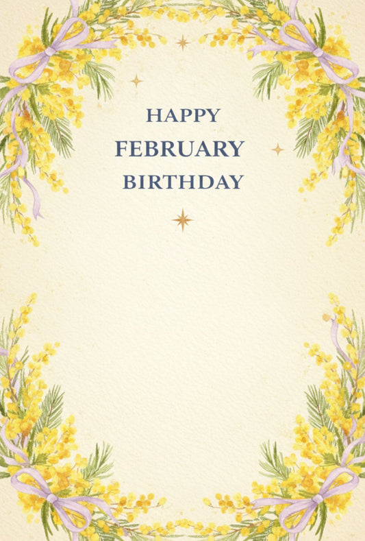【メッセージカード】 2月の花、ミモザと光の粒 ｜ 誕生日 お祝い 2月 バースデーカード 無料印字サービス