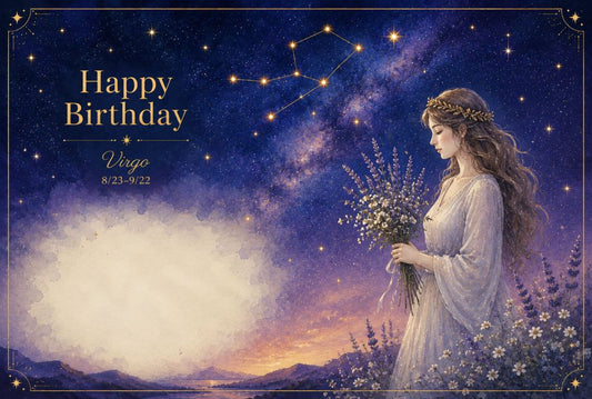 8月生まれの男性へ贈るおとめ座の誕生日メッセージカード。夜空に輝くおとめ座と花束を抱える女性を描いたDEAR GE YONEオリジナルデザイン。