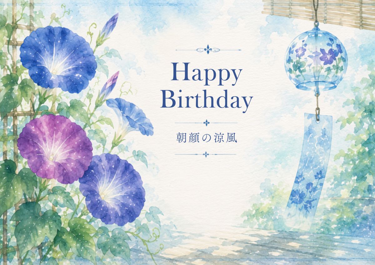 7月生まれの男性へ贈る、「朝顔の涼風」をテーマにした誕生日メッセージカード