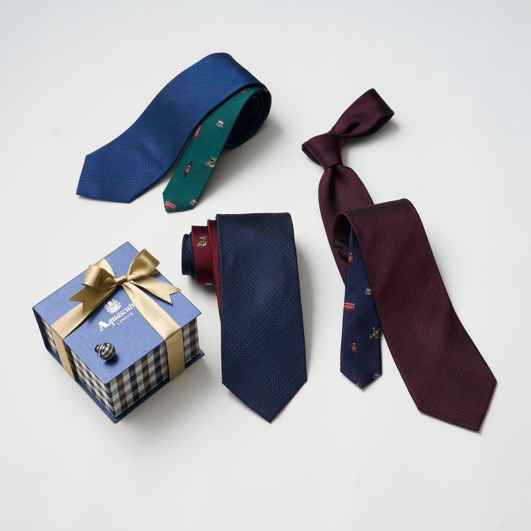 【ネクタイ】Aquascutum｜ ラペルピン BOXセット グレンチェックソリッド/ロンドンモチーフ クレリックタイ 無料ギフトボックス