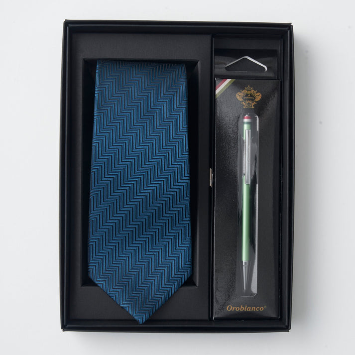 誕生日 メンズギフト ネクタイ ターコイズ Orobianco ボールペンセット 3月