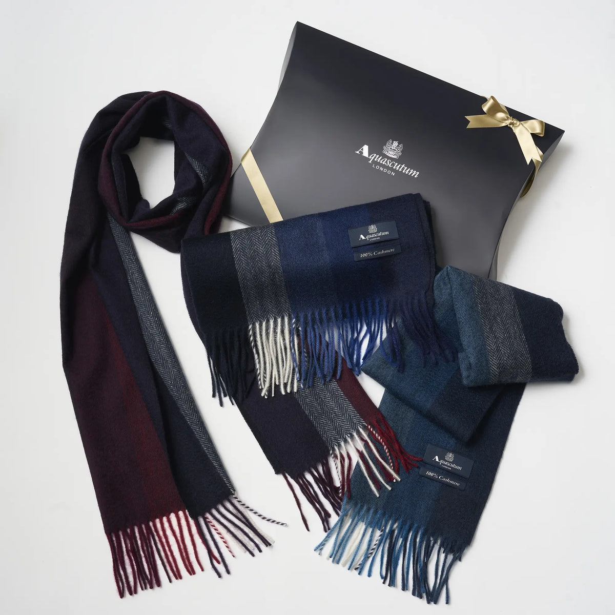 【マフラー】Aquascutum｜カシミヤ ブロックストライプ ヘリンボン 無料ギフトパッケージ