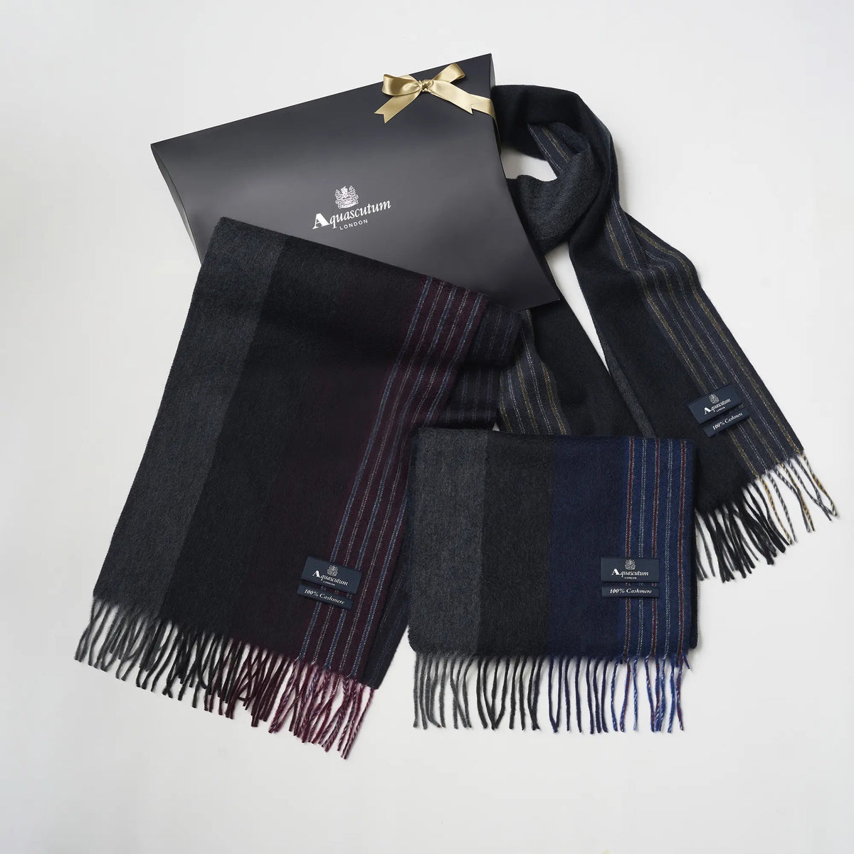 【マフラー】Aquascutum｜カシミヤ ブロックストライプ ピンストライプ 無料ギフトパッケージ