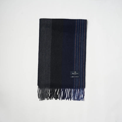 【マフラー】Aquascutum｜カシミヤ ブロックストライプ ピンストライプ ネイビー ブルー 紺 グレー