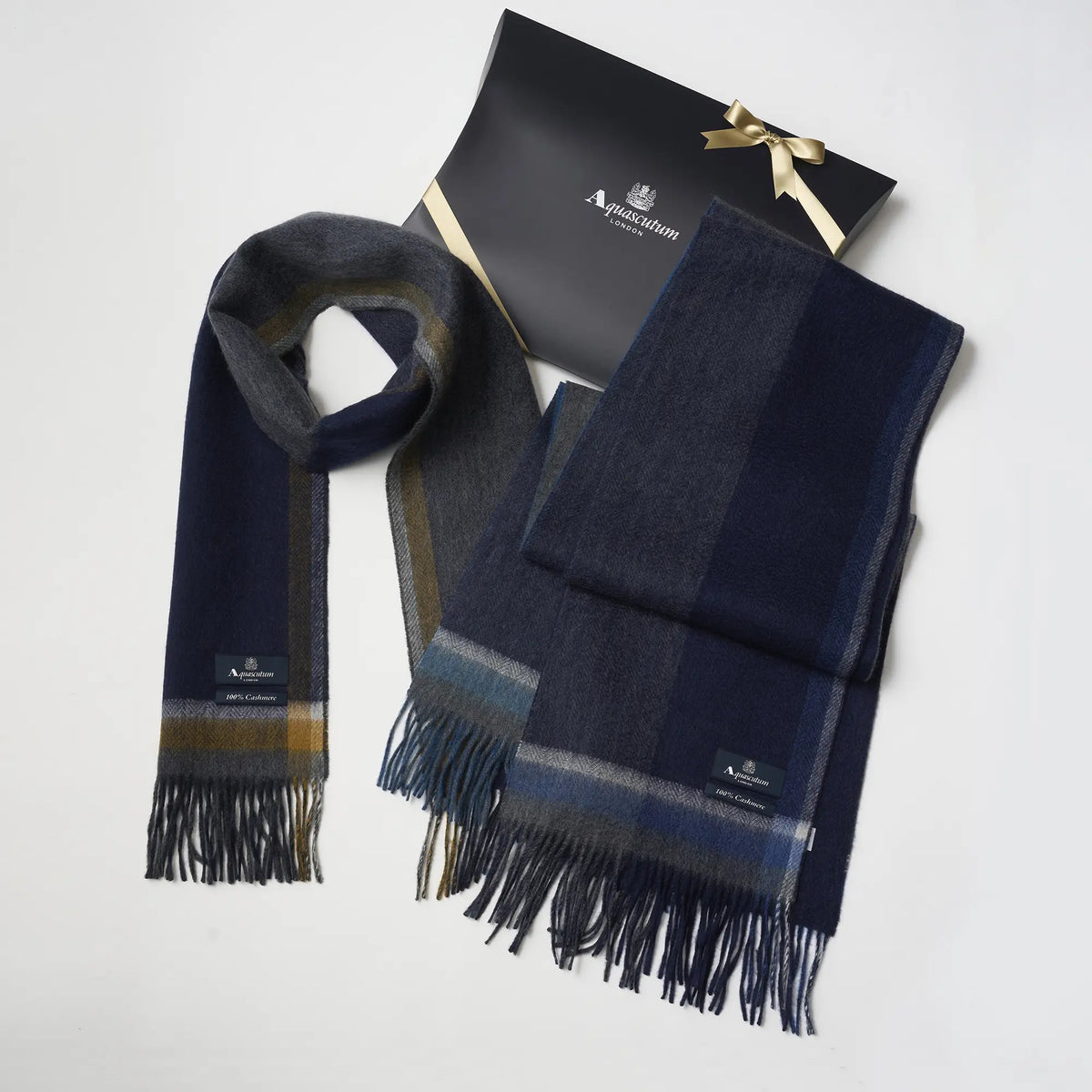 【マフラー】Aquascutum｜カシミヤ パネルチェック/ソリッド  リバーシブル　無料ギフトパッケージ