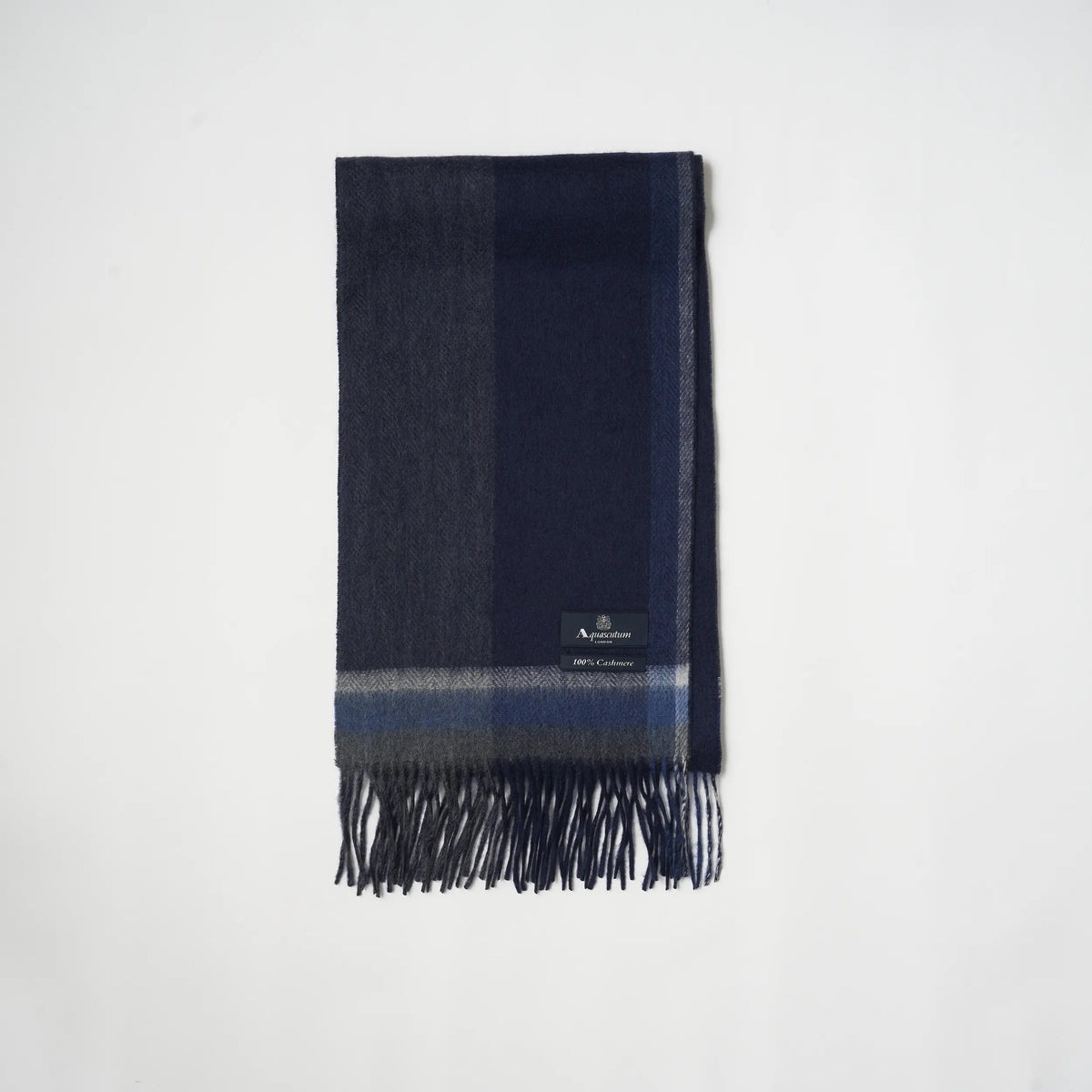 【マフラー】Aquascutum｜カシミヤ パネルチェック/ソリッド  リバーシブル ダークネイビー ネイビー 紺