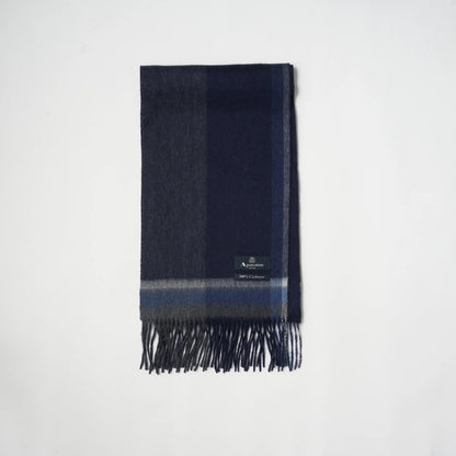 【マフラー】Aquascutum｜カシミヤ パネルチェック/ソリッド  リバーシブル ダークネイビー ネイビー 紺