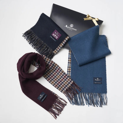【マフラー】Aquascutum｜カシミヤ ソリッド/クラブチェック  リバーシブル 無料ギフトパッケージ