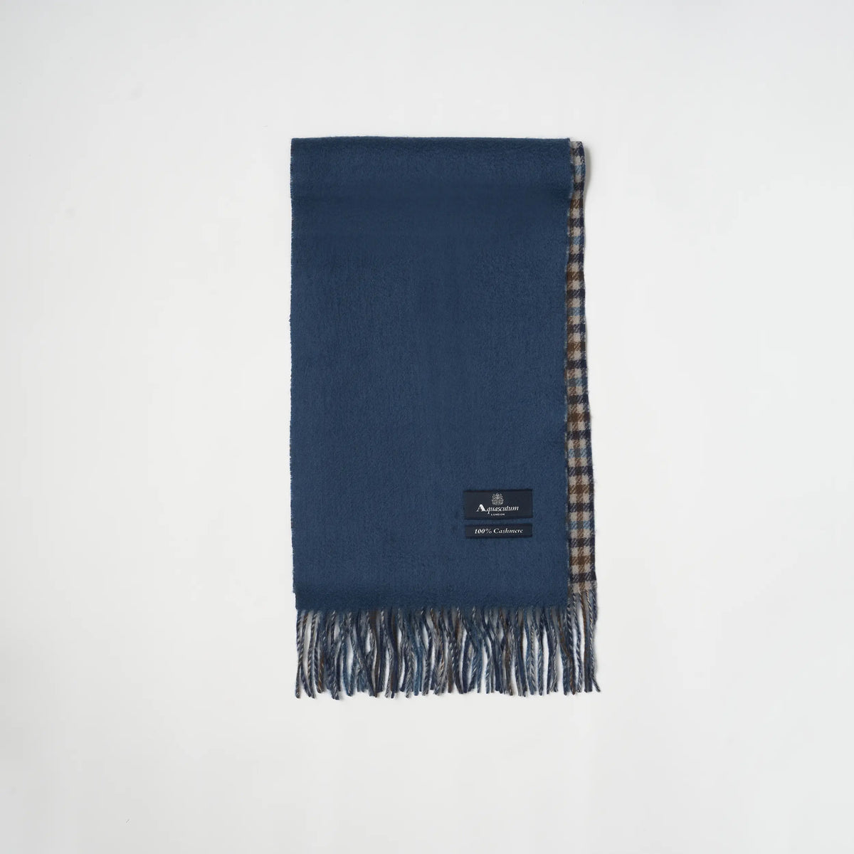 【マフラー】Aquascutum｜カシミヤ ソリッド/クラブチェック  リバーシブル ペトロール ブルー
