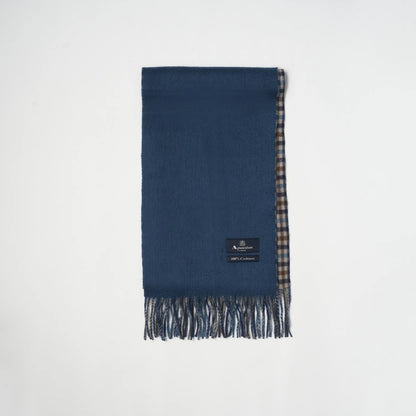 【マフラー】Aquascutum｜カシミヤ ソリッド/クラブチェック  リバーシブル ペトロール ブルー